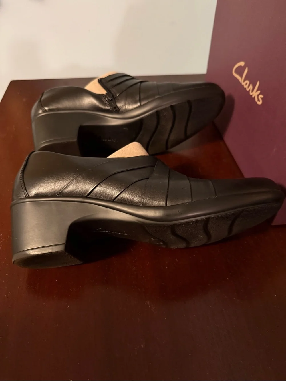 Clarks Black Leather Slip-On Loafers with Wrapped Vamp